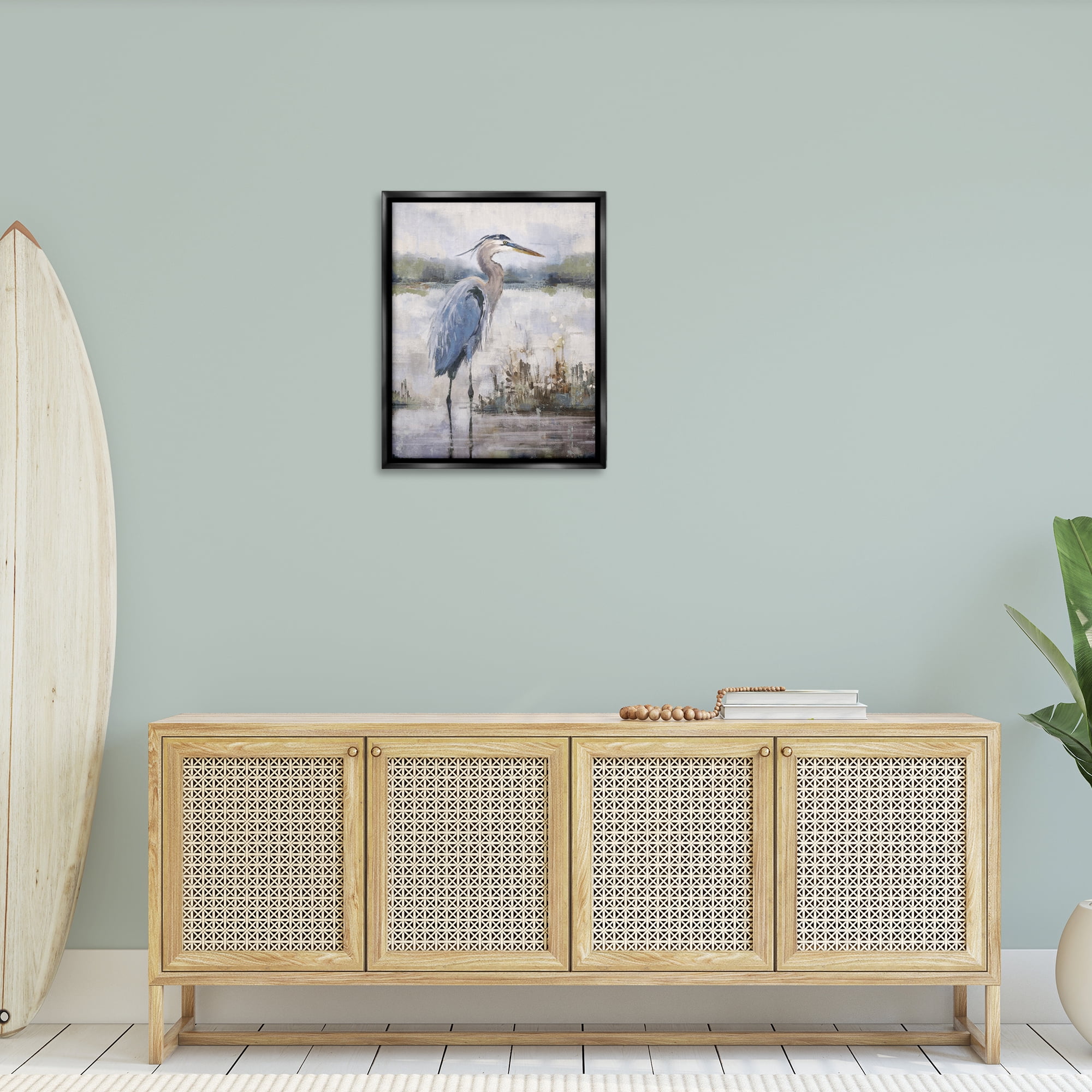 Stupell Industries Coastal Sea Heron Landscape & Nature Painting Black Floater Framed Canvas Art Print Wall Art, 25 x 31