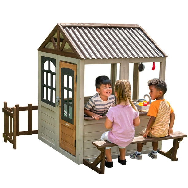 KidKraft Pioneer Cottage Wooden Outdoor Playhouse with Doorbell and 13 Pieces