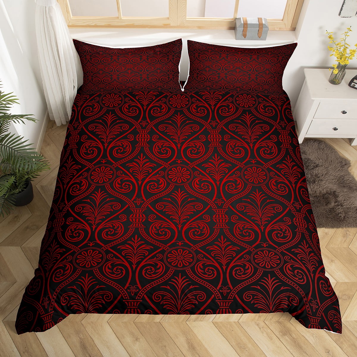 Red Black Ombre Gothic Bedding Set Queen For Boys,Vintage Goth Floral