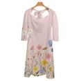 thumbnail image 6 of Pretty Pink Floral Meadow Blooms Women's 3/4 Sleeve Dresses Elegant A-Line Midi Dress Flare Summer Casual Sundress, 6 of 9