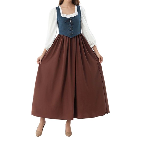 HNMKIU Halloween Clothes Elegant Attire For Historical Gown Halloween Party Performance Stage Show Lace Up Dress Brown,XL