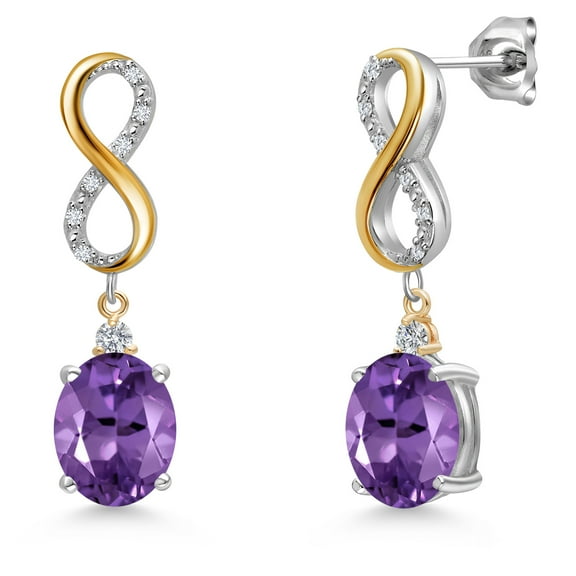 Gem Stone King 925 Silver and 10K Yellow Gold Purple Amethyst and White Lab Grown Diamond Drop Dangle Earrings for Women | 4.79 Cttw | Gemstone February Birthstone | Oval 10X8MM