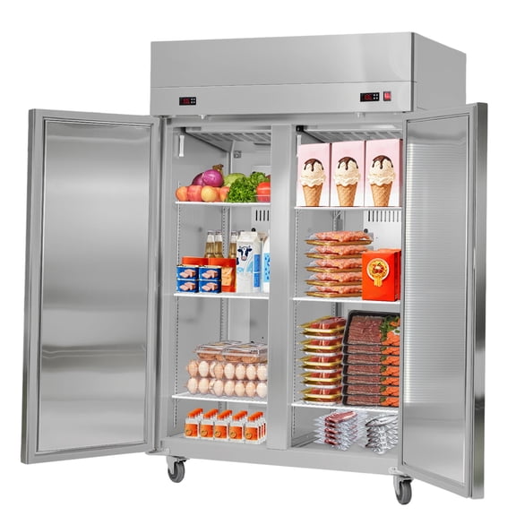 KFFKFF Commercial Refrigerator and Freezer Combo, 47.64 in Wide Upright Double Door Unit, 31.1 Cu.ft Stainless Steel Design with Auto-Defrost, 6 Adjustable Shelves, LED Lighting, and 4 Casters