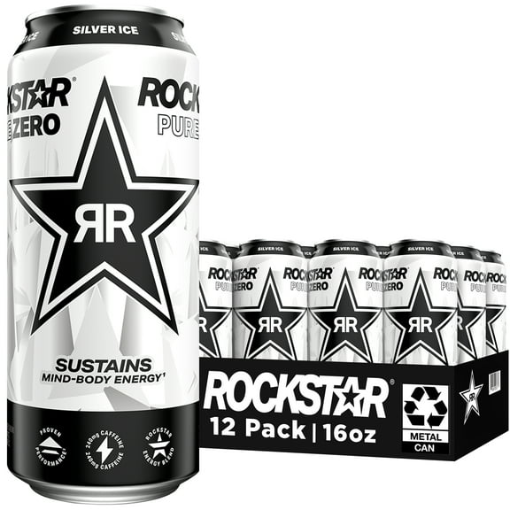Rockstar Pure Zero Sugar Silver Ice Energy Drink, 16 fl oz, 12 Pack Cans
