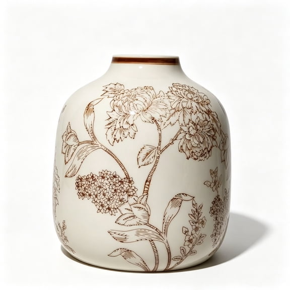 White Ceramic Brown Floral Painted Tabletop Vase, 7 Inch Ceramic Vintage Vase, Retro Cream White Chinoiserie Floral Vase, Rustic Farmhouse Vases for Home Decor, Bookshelf, Garden, Tuscan Decor