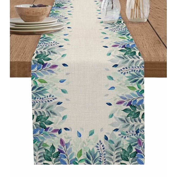 ERUNPONLY Leaf Table Runner - 72 Inch Long Vintage Blue Green Purple Ombre Fruit Plant Cotton and Linen Blended Dress Scarves Farmhouse Table Runner for Kitchen Dining, Coffee Table, 14"x72"