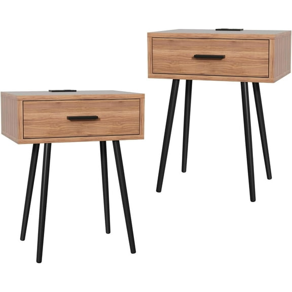 2 SET Nightstand with Charging Port and Wooden Drawers - Perfect for Small Side Table, Night Stand Night Stand - Walnut End Table, Dresser for Bedroom, Living Room, Dorm