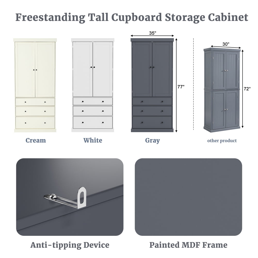 77" Farmhouse Kitchen Pantry - Freestanding Tall Cupboard Storage Cabinet with 3 Adjustable Shelves, 8 Door Shelves, 3 Drawers for Kitchen, Dining Room, Pantry Organization
