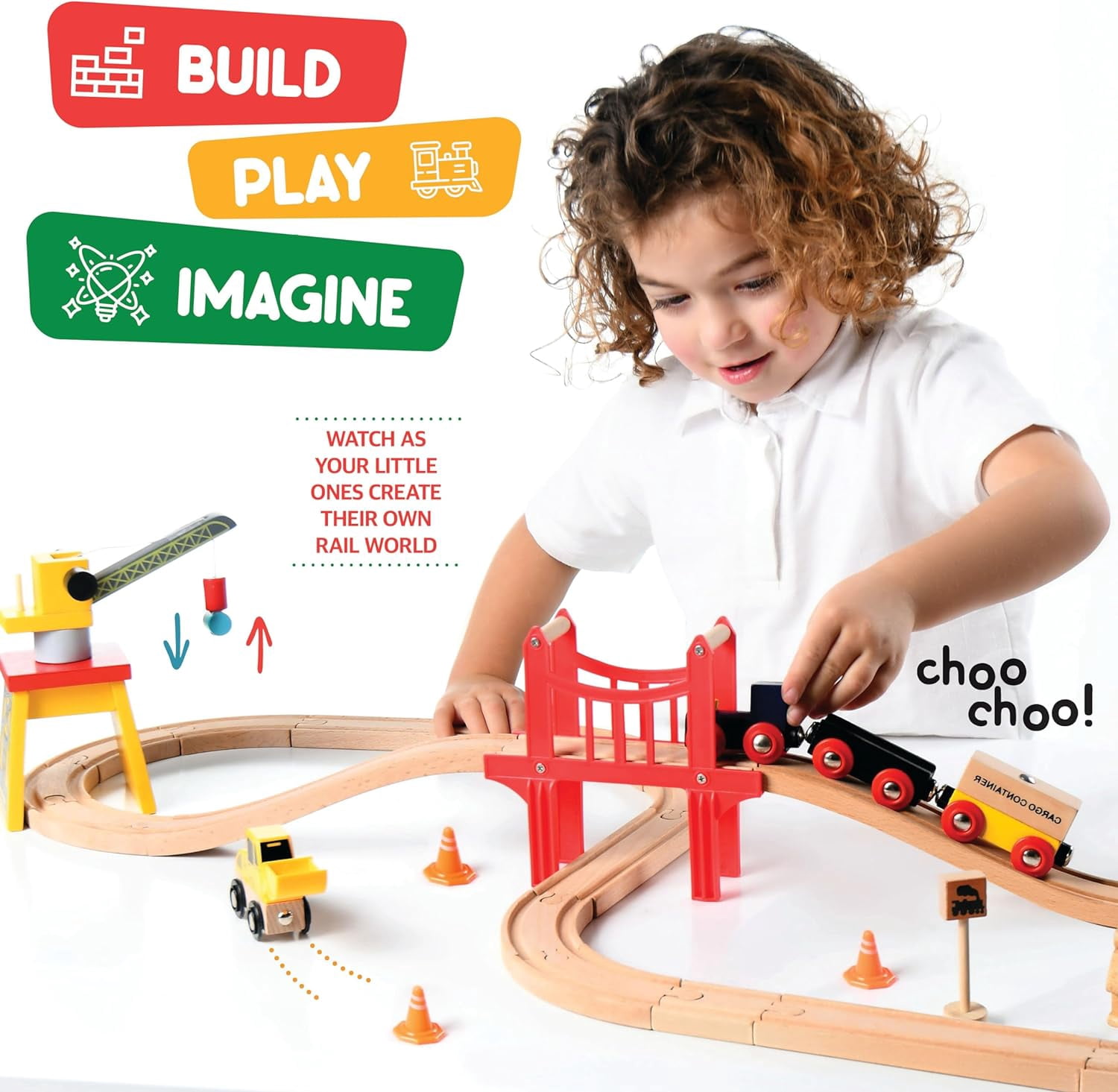 Play22 Compatible Wooden Model Train Track with 1 bulldozer 1 Crane, Wooden, 38 Pieces 11"