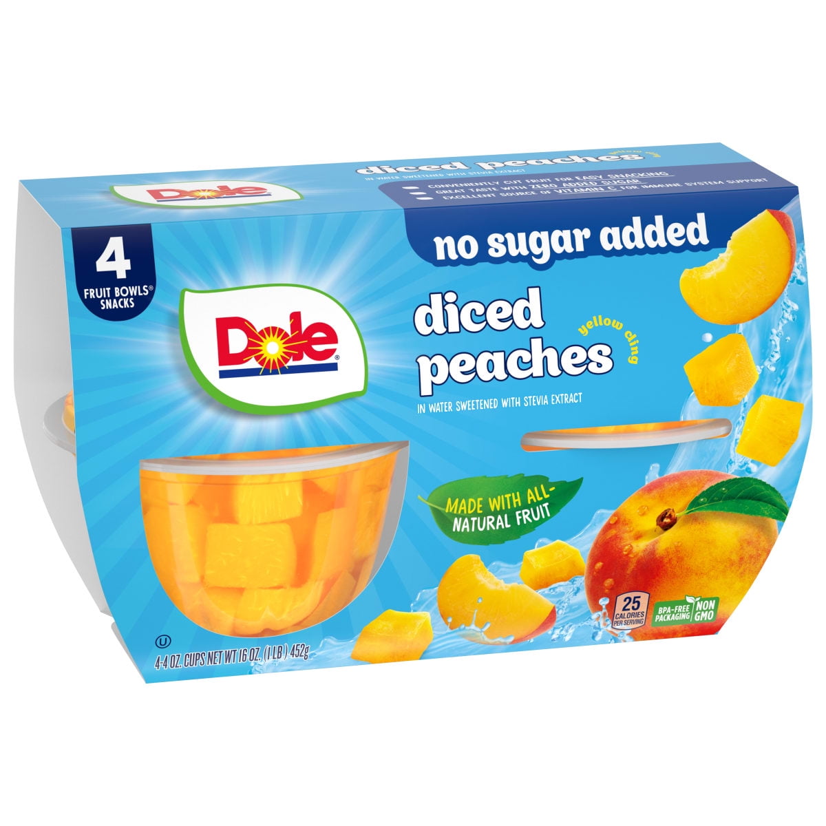 (2 pack) (4 Pack) Dole No Sugar Added Diced Peaches Fruit Cups, 4 oz