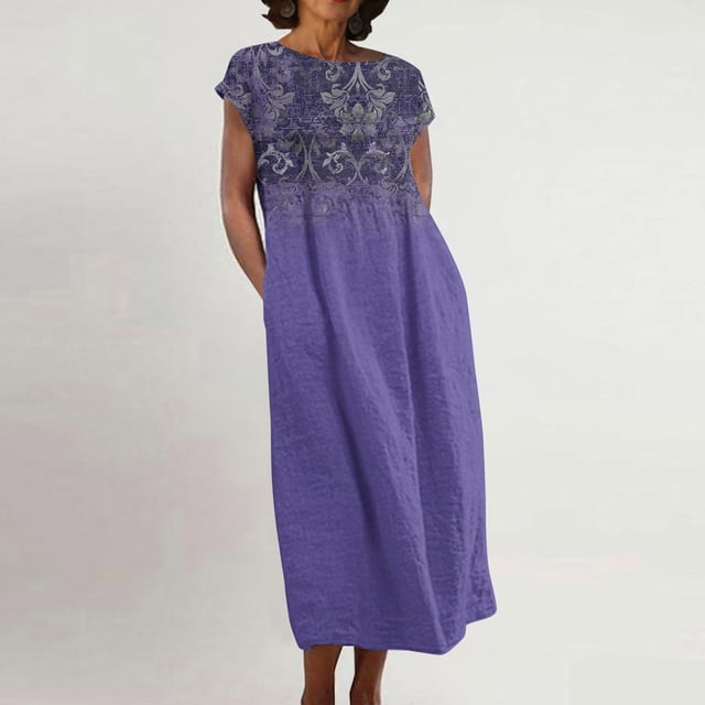 Meichang Robes en Lin pour Femmes 2024 Rétro à Imprimé Floral Coupe Ample Robes Midi Manches Courtes Col Rond Robes d'Été Décontractées Évasées Légères Confortables Longues Robes de Travail Violet G