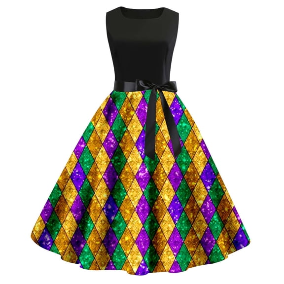 Tisuna Gold Fashion Dress For Women Colorful Print Sleeveless Off The Shoulder Dresses Elegant Stylish Ladies Mardi Gras Cocktail Dress Size L