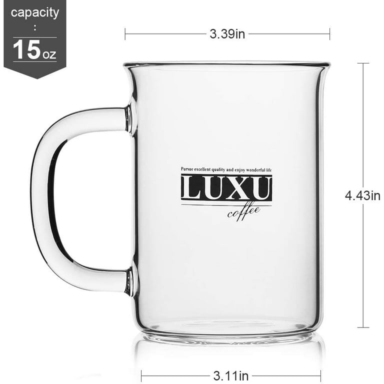 Le'raze Set of 6 Clear Borosilicate Glass Coffee and Tea Mugs with Handles,  15oz.