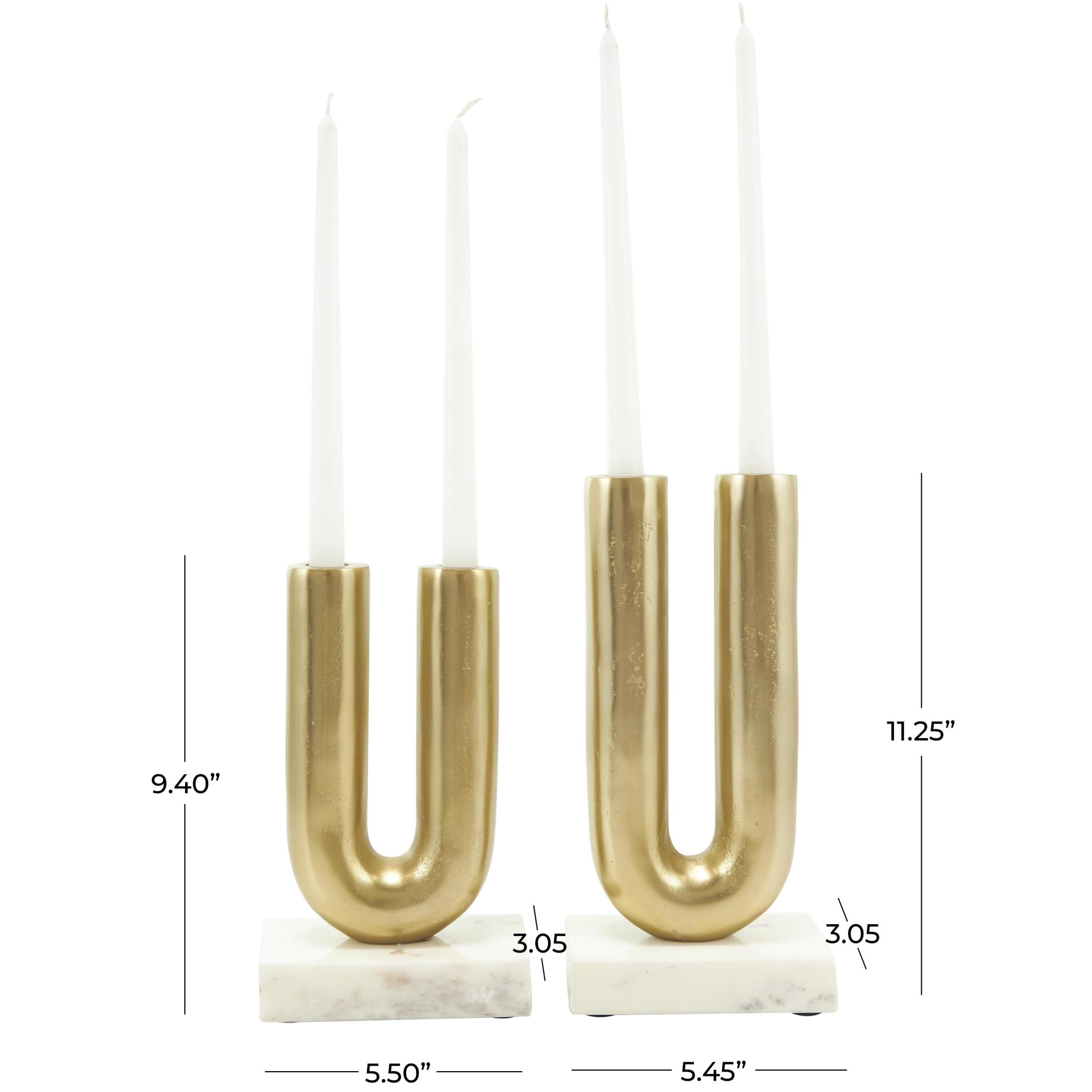 DecMode 4 Candle Gold Aluminum Metal Geometric U-Shaped Candle Holder with Marble Bases, Set of 2