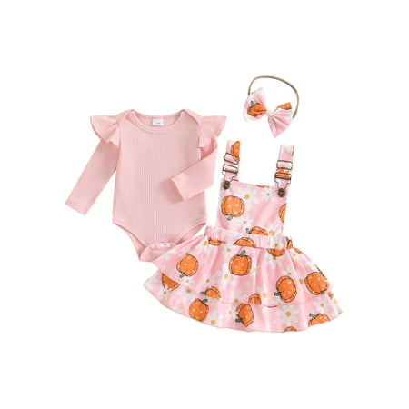 

Txlixc Baby Girls Halloween Outfits Long Sleeve Romper with Floral Suspender Skirt Headband Set Newborn Clothes