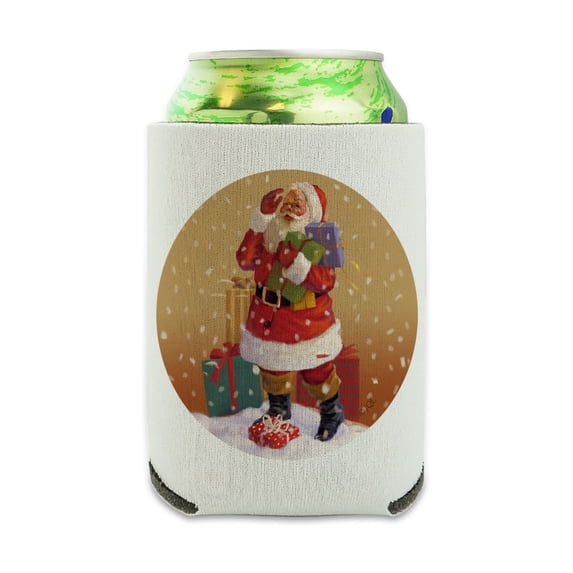 Christmas Holiday Santa Delivering Presents Holly Can Cooler - Drink Sleeve Hugger Collapsible Insulator - Beverage Insulated Holder