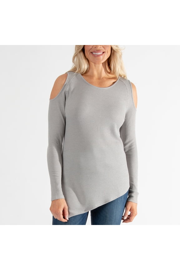 Womens M/L Gray Waffle Thermal Cold Shoulder Asymmetrical Hem Long Sleeve Top by Howard's