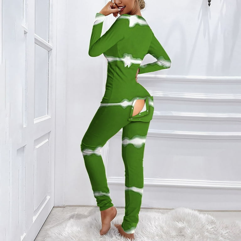 Lovskoo 2024 Women Butt Button Back Flap Jumpsuit Pajamas Onesies Fashion Solid Color Functional Adults V Neck Button Down Long Sleeve One Piece Bodysuit Rompers Green Walmart