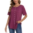 thumbnail image 3 of Women Summer Button Up Front Tops Shirts Casual Loose Pullover T-shirt Round Neck Pleated Tunic Blouses for Ladies Comfy Plain Tee, 3 of 9