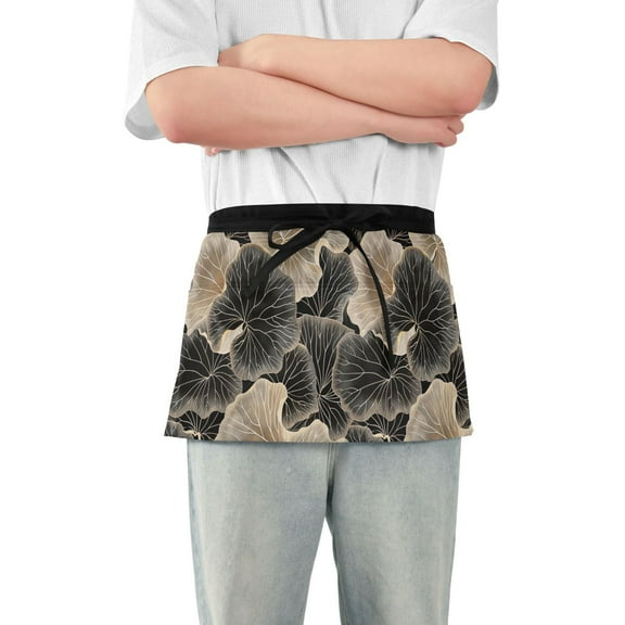 Biloba Leaves Outline Server Apron with 3 Pockets Waterproof Waitress Waist Short Apron for Man Woman 12 Inches