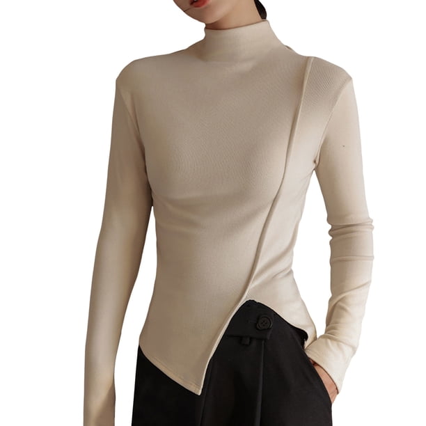 Camiseta básica de manga larga para mujer: cuello alto, corte ajustado, elástica y ligera, blusa para combinar con otras prendas, ideal para hacer ejercicio o para un look informal.