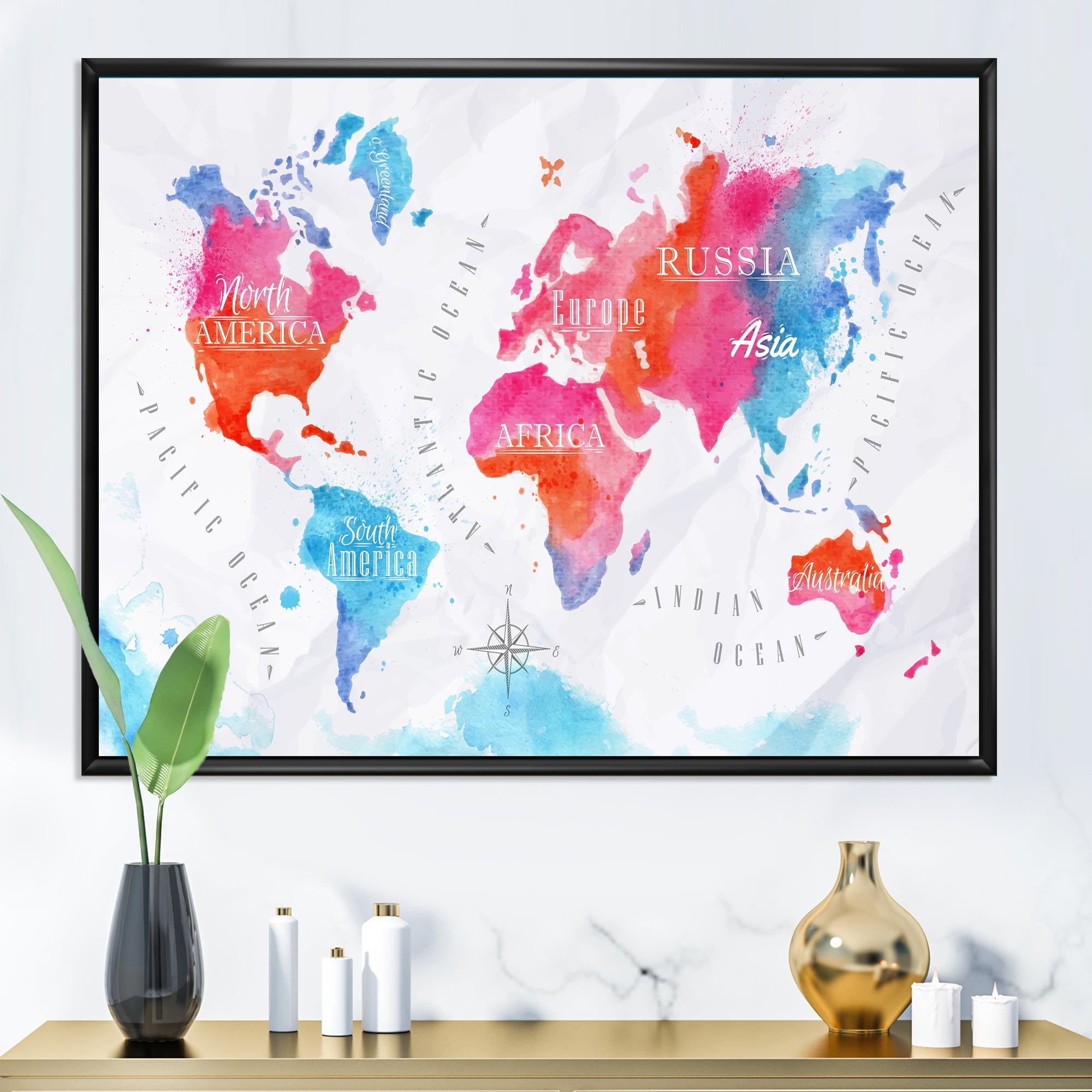 Designart 'World Map In Blue and Pink' Modern Framed Canvas Wall Art Print