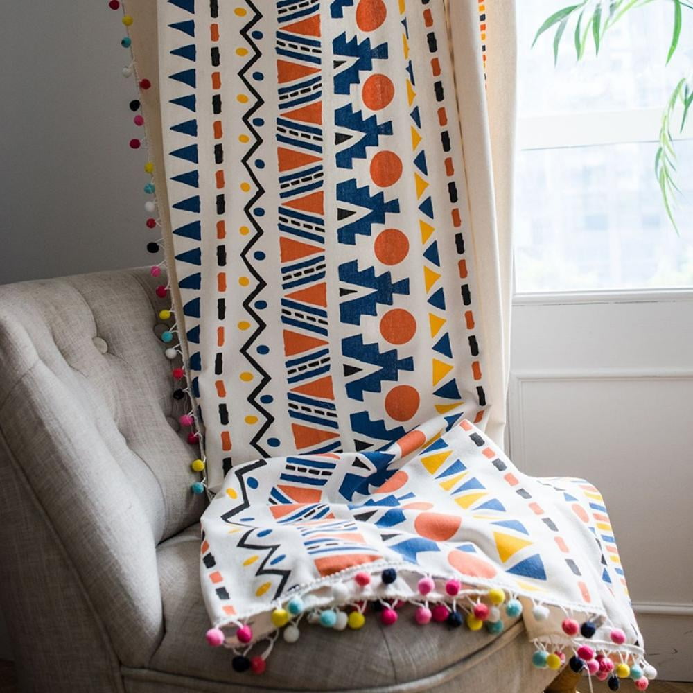Boho Curtains for Bedroom 78-Inch Modern Farmhouse Cotton Linen Print Colorful Tassel Window Curtain Panels Semi-Transparent Geometric Trellis Draperies Living Room Decor