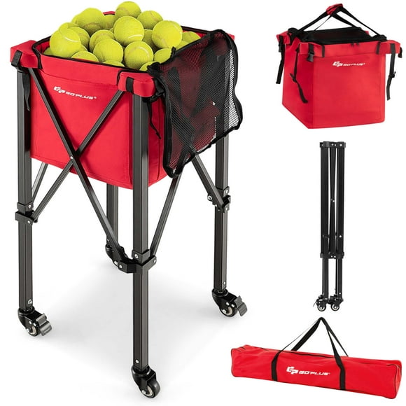 Goplus Foldable Tennis Ball Hopper Basket Portable Travel Teaching Cart withWheels & Bag Red