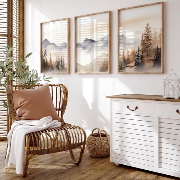 Neutral Mountain Forest Wall Art, Set of 3 Canvas Posters, Abstract Watercolor Landscape Prints for Living Room or Bedroom, 12 x 16 Inch, Unframed