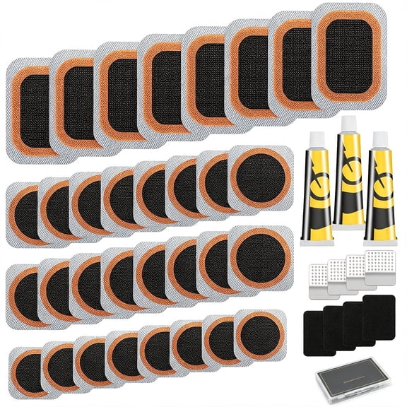 KASIU Bike Tire Repair Kit-Bycicle Inner Tube Puncture Patch Kits with 32Pcs Vulcanizing Patches,Metal Rasp,For Motorcycle Bmx Cycling Mtb Road Mountain Bicycle