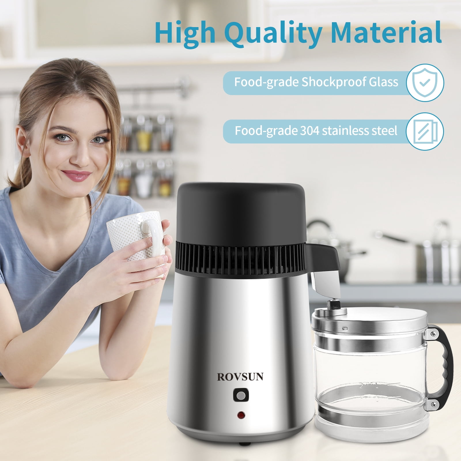 ROVSUN【Upgraded】4L Countertop Water Distiller Machine Stainless Steel for Home, 750W Distilled Water Maker with Glass Container, 1L/H,Silver