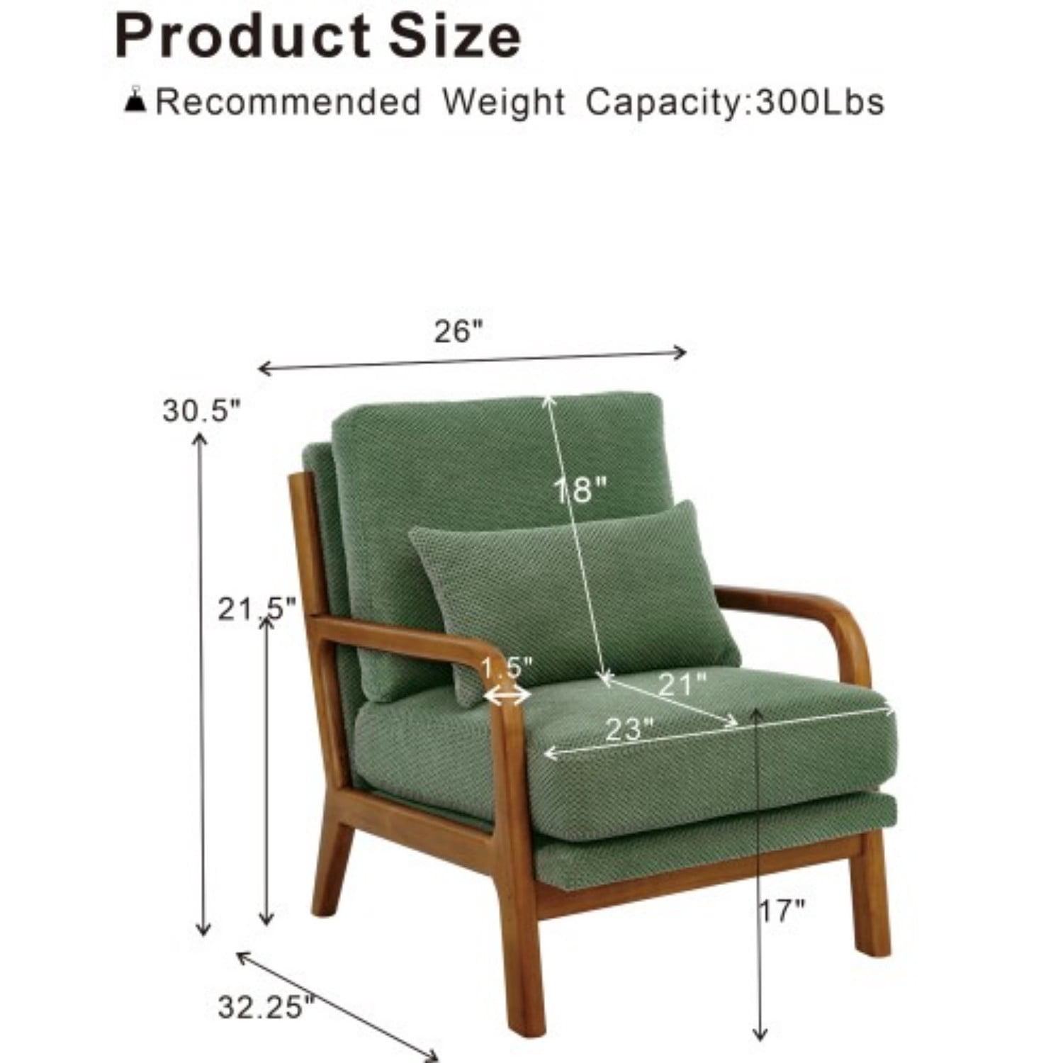 Wooden Lounge Accent Chair with Solid Wood Armrests, Upholstered Reading Chair with High-Density Foam Cushion, Modern Leisure Armchair for Living Room, Bedroom, Balcony & Office, Dark Green