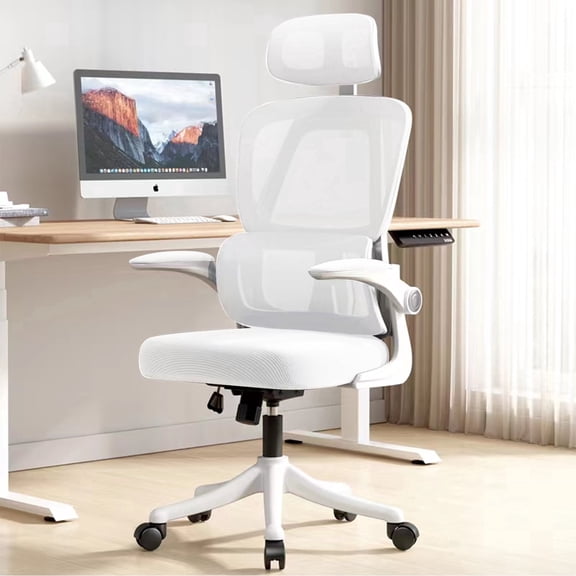 HDHNBA High Back Mesh Ergonomic Office Chair Flip Up Armrests Lumbar Support Headrest, White