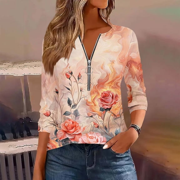 Blmnix Floral Going Out Tops for Women Plus Size Orange Early Fall Women's Tops, Tees & Blouses Long Sleeve V-Neck Relaxed Blouses
