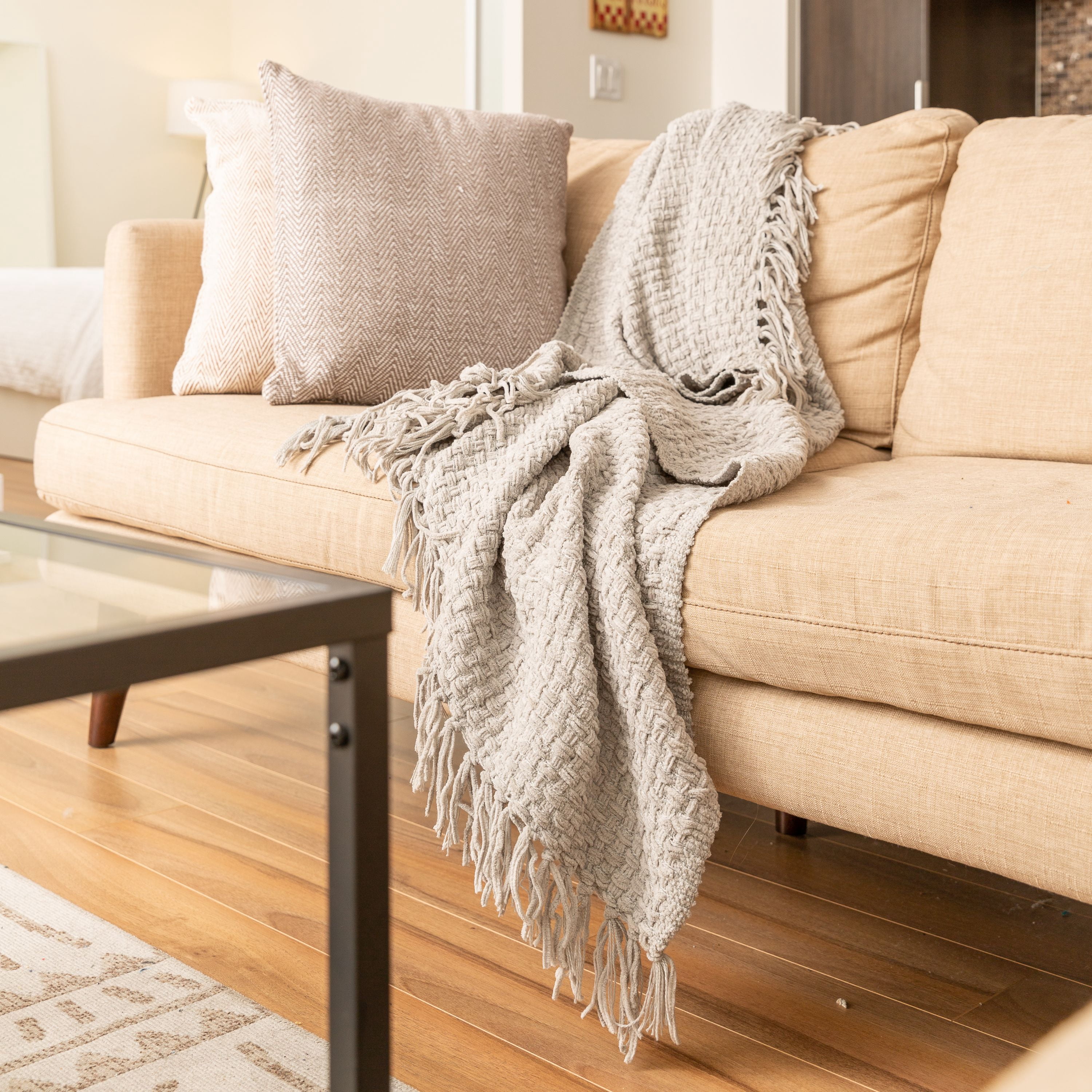Fabstyles Basketweave Polyester Throw with Fringe, Lightweight Breathable Throw Blanket