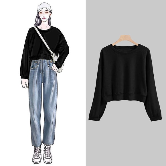DondPO Essentials Hoodie Hoodies for Women Women's Solid Color Round Neck Casual Long Sleeve Cropped Sweater Top Long Sleeve Shirts Sweatshirt for Women Black L