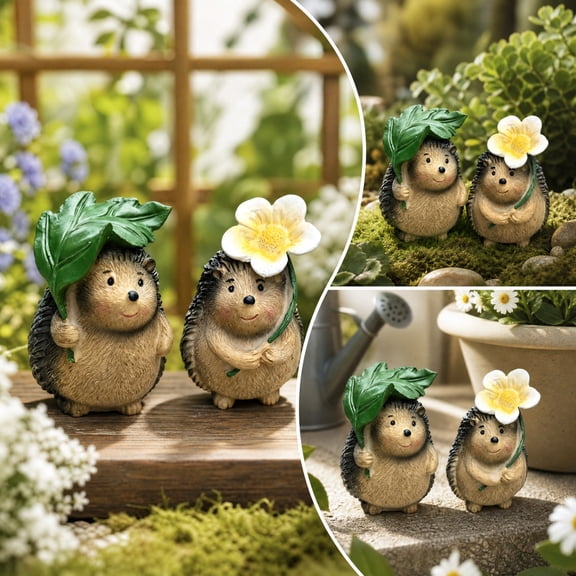 Outdoor Garden Statues, Cute Hedgehog Garden Statues Set Resin Hedgehog Figurines With, Leaf Flower Mini Hedgehog Sculpture for Outdoor Yard Patio Decor, Garden Miniature, Home Room Decor