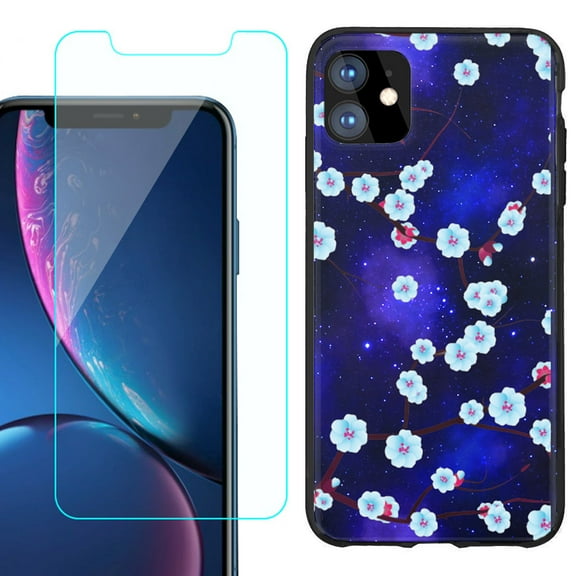 For Apple iPhone 11 Phone Case , Slim-Fit TPU Protective Case (Black), with Tempered Glass Screen Protector, by OneToughShield ® - Blossom Stars