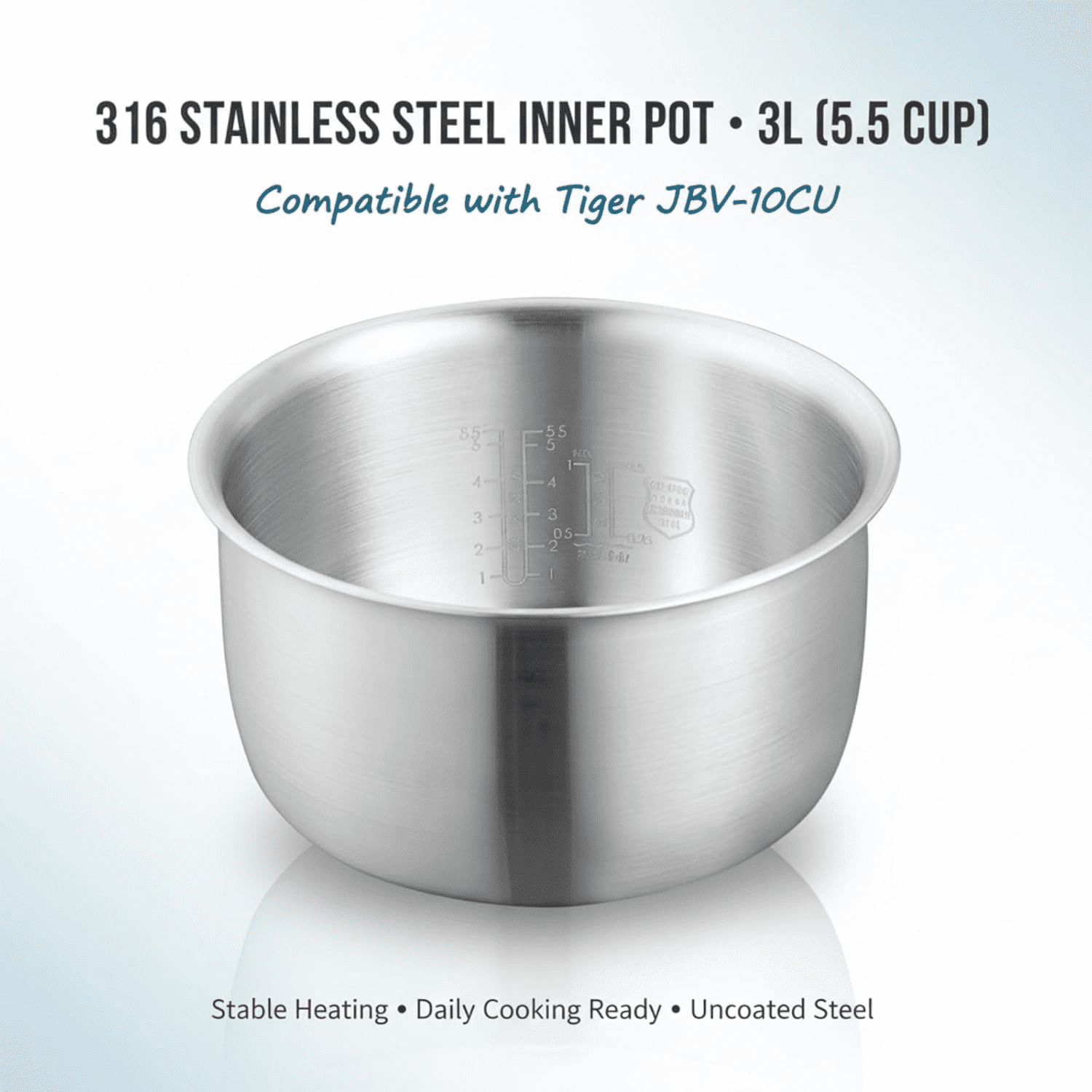 316 Stainless Steel Inner Pot Compatible with Tiger JBV-10CU Rice Cooker, 3L 5.5 Cup Replacement Inner Bowl, Stable Heating Structure for Daily Cooking Performance