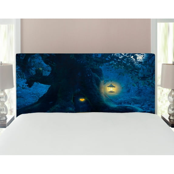 Fantasy Headboard, Night with a Little Home in the Trunk of an Tree in the Woods Print, Upholstered Decorative Metal Bed Headboard with Memory Foam, Full Size, Navy Blue, by Ambesonne