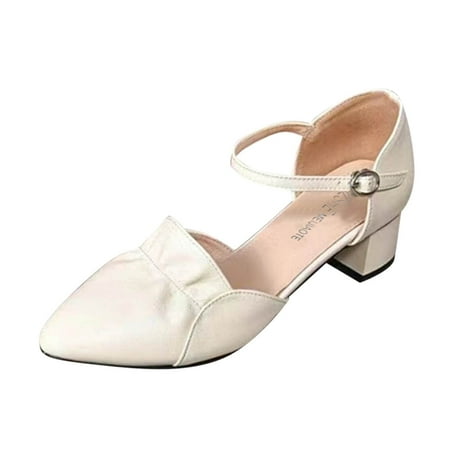 

Womens Shoes Fashion Ruffled Pointed Toe Shoes Soft Sole Solid Color Thick Heel Middle Heel Buckle Casual Shoes