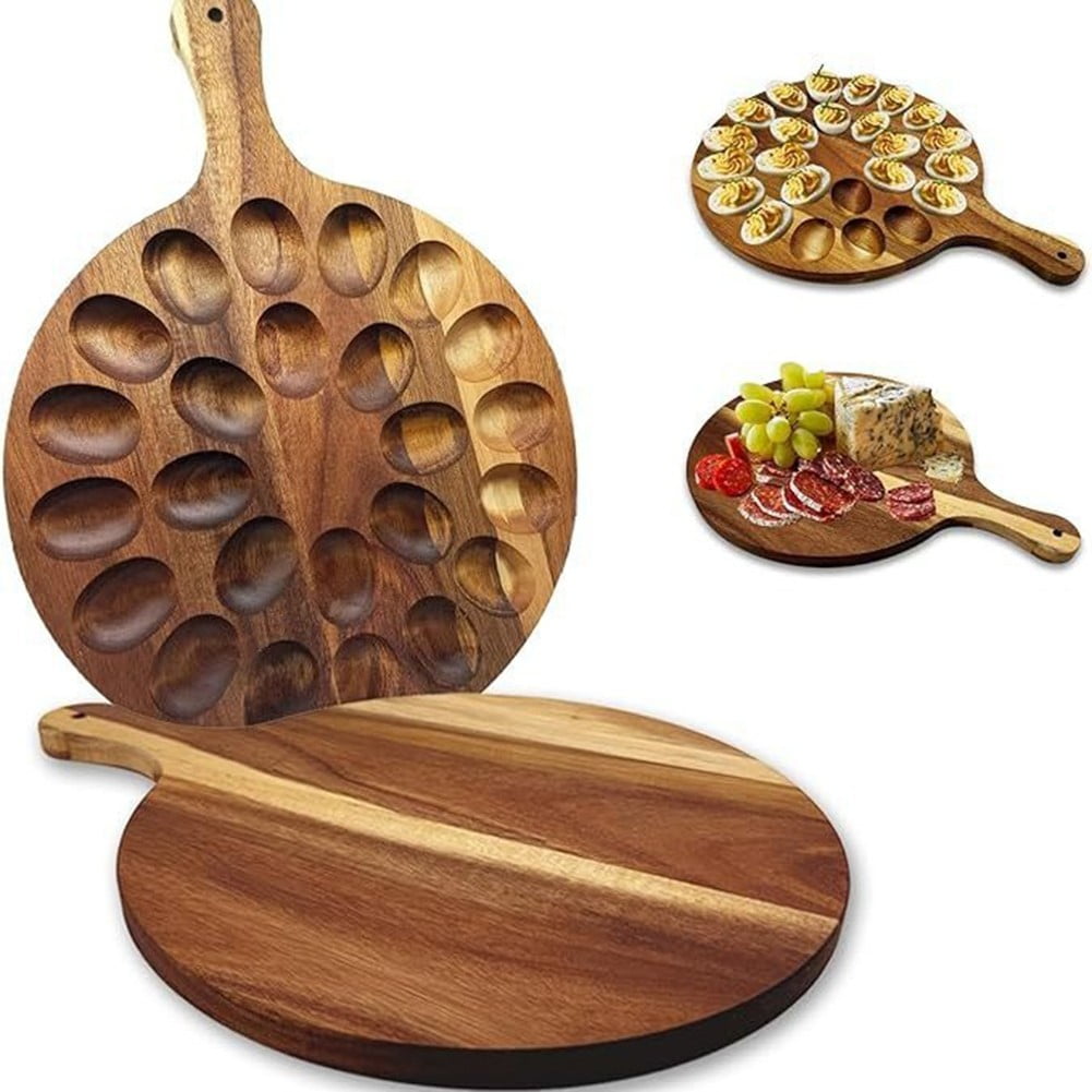 Deviled Egg Platter, Wooden Deviled Egg Tray 24 Holes Round Egg Holder