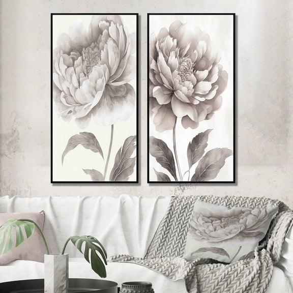 Designart "Shades of Gray Blooming Peony II" Floral Peony Framed Wall Art Set Of 2 - Modern Grey Framed Wall Art Set Of 2