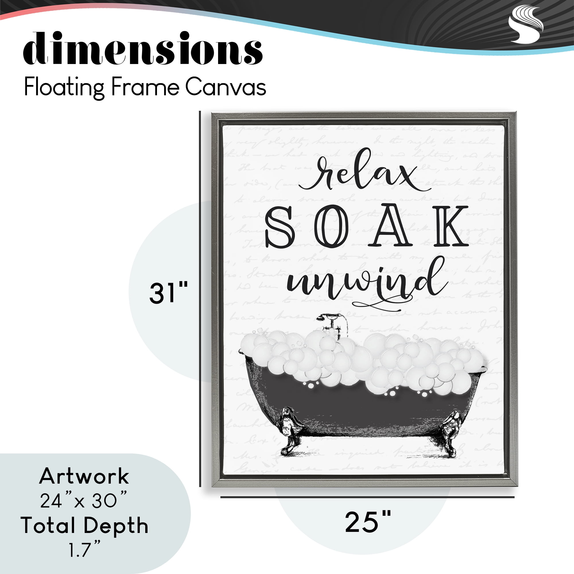 Soak Unwind Bubble Bath Gray Framed Floater Canvas Wall Art, design by Lettered and Lined