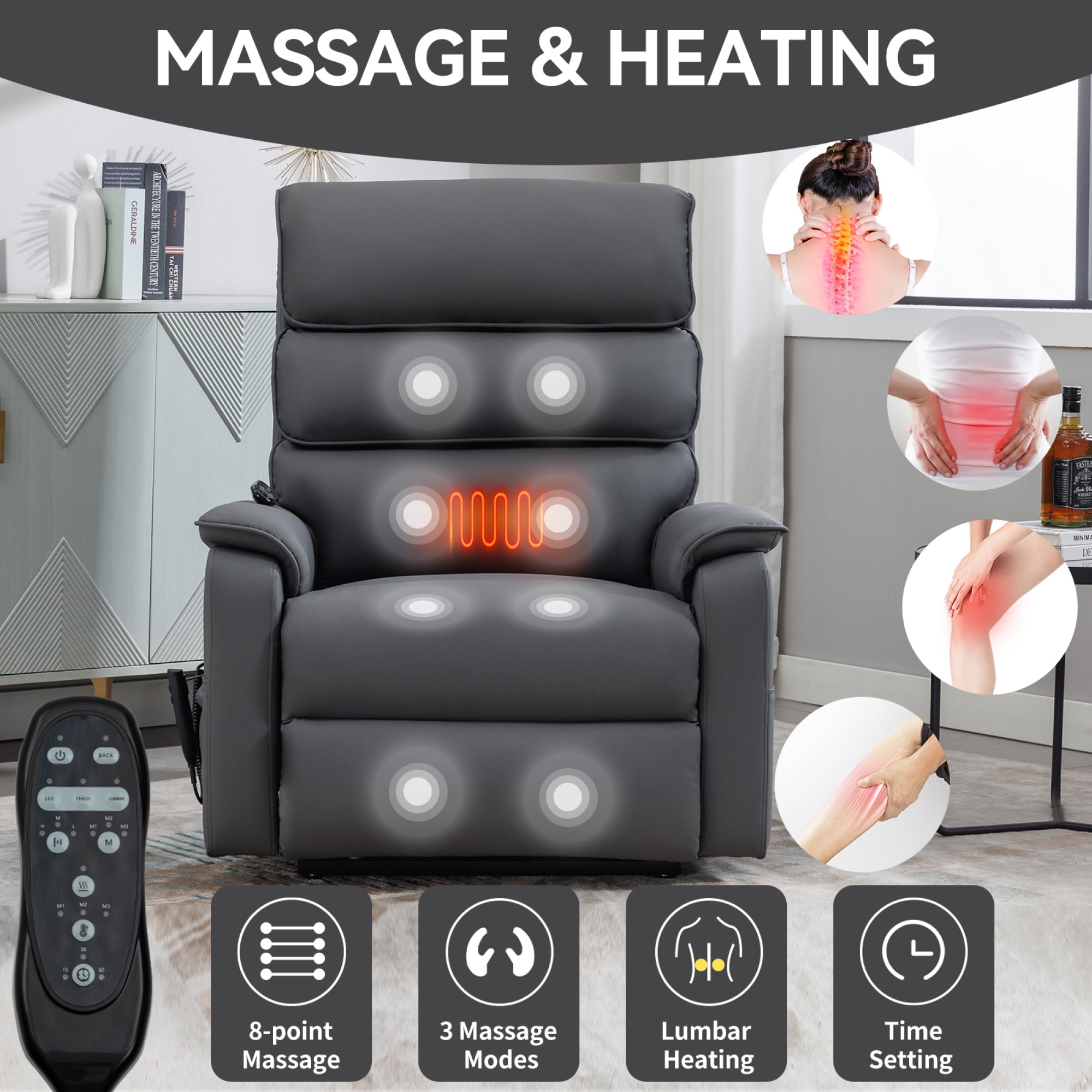 Leumius Power Lift Recliner Chair for Elderly with Vibration Massage and Lumbar Heating,Electric Lift Recliner Single Sofa with Side Pocket and Infinite Position for Living Room,Gray