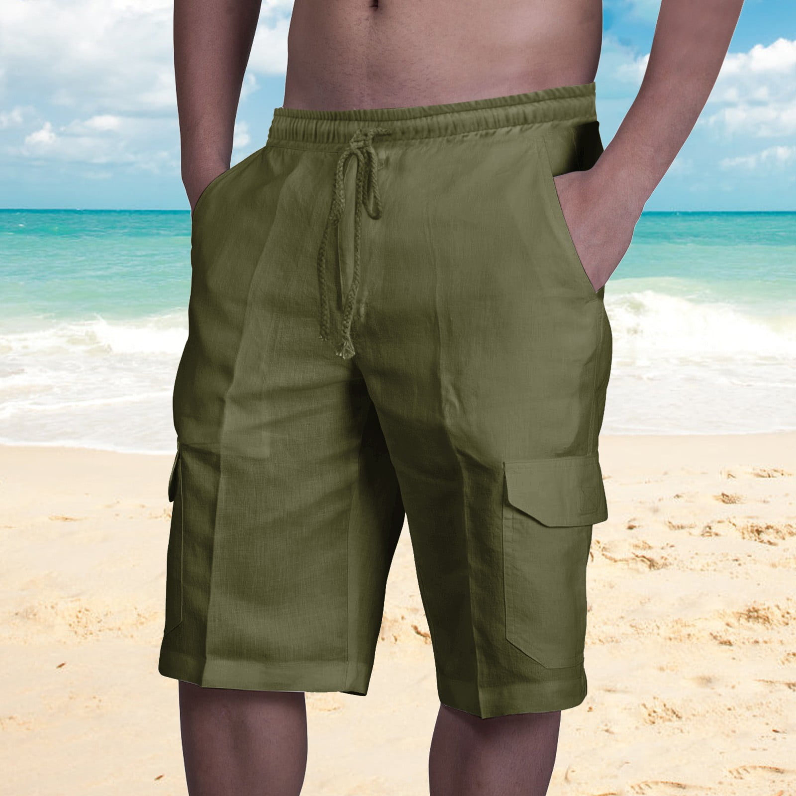 adviicd Men Pants Casual Shorts For Men Men Casual Solid Short Pant MId Waist Drawstring Short Quick Dry Sports Short with Zip Pocket Short Pant Army