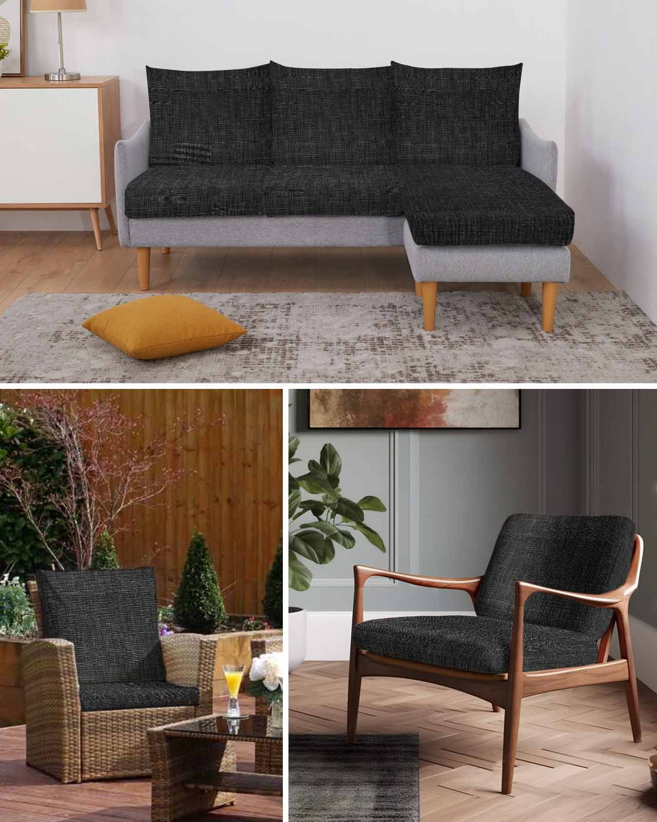 Black Burlap Texture Couch Cushion Covers Stretch, Washable Sofa Seat Covers Individual Seat Cushion Sofa Slipcovers Farmhouse Vintage Black Couch Cover Furniture Protector S-1PCS
