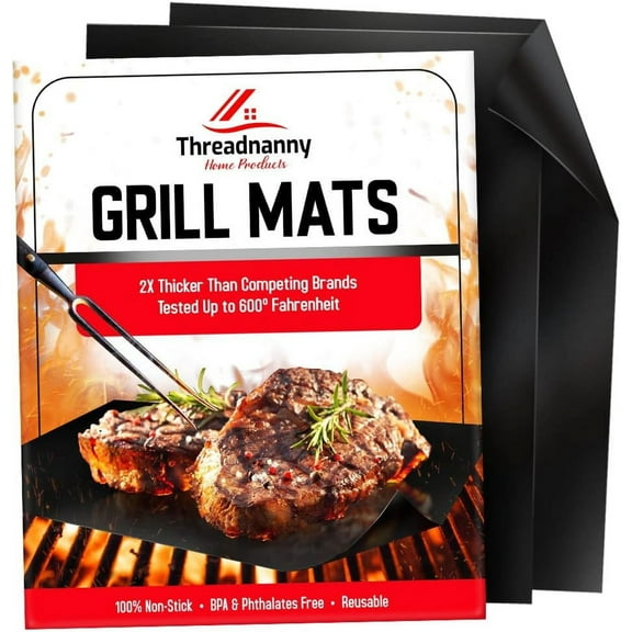 ThreadNanny Heavy Duty BBQ Grill Mats Set of 2 -Non Stick, Reusable, and Easy to Clean 13 x 16 Black