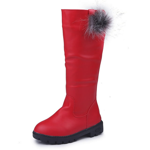 ZECATL Girl's Waterproof Pom Pom Back Zipper Fur Tall Riding Boots (Toddler/Little Kid/Big Kid)