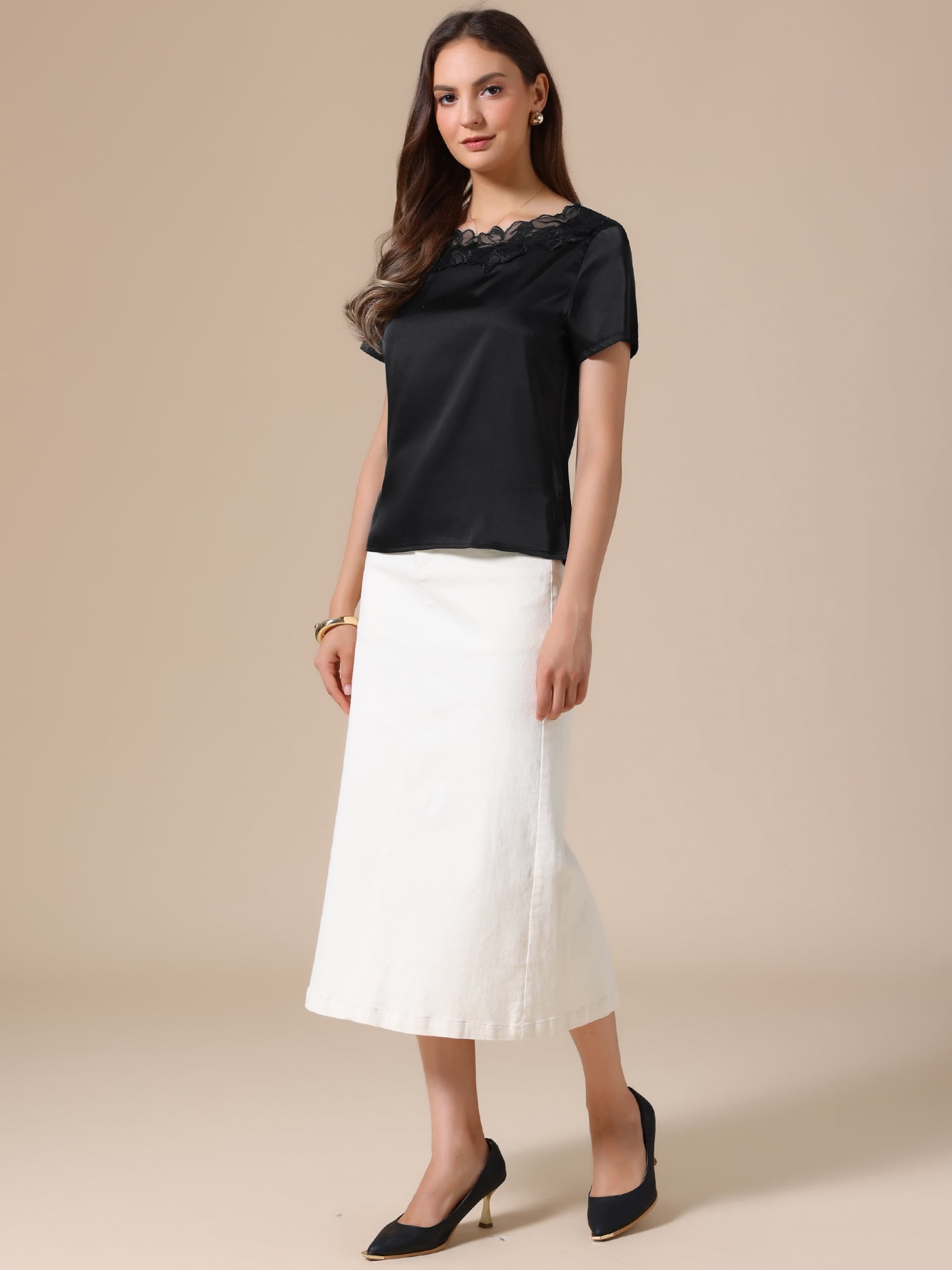 DARING DIVA Women's Elegant Floral Lace Blouse Short Sleeve Casual Work Shirt M Black